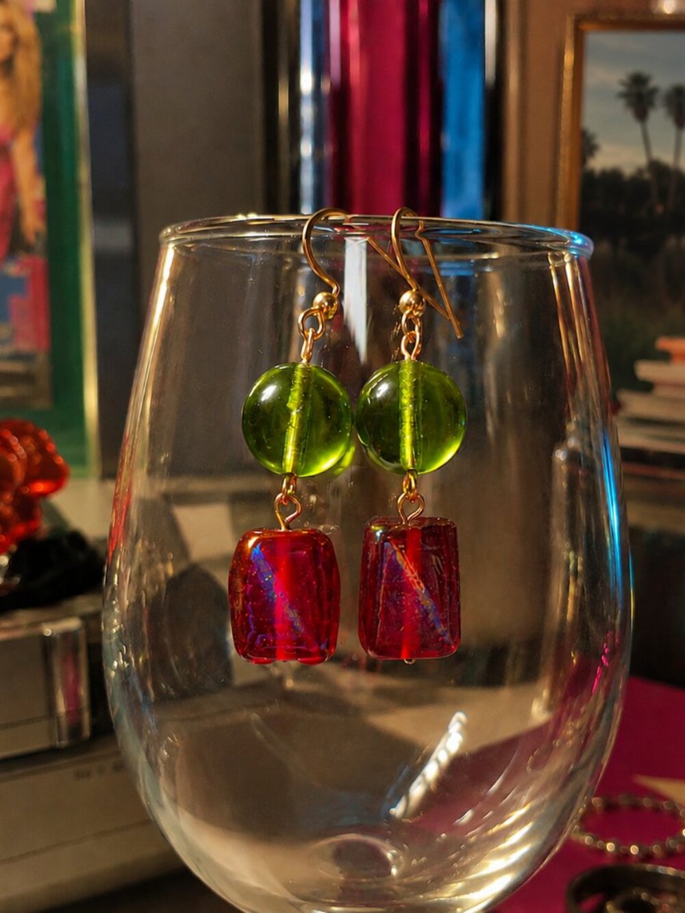 Green Glass & Fuchsia Czech Glass Rectangle Earrings, 24k Gold Plated Stainless